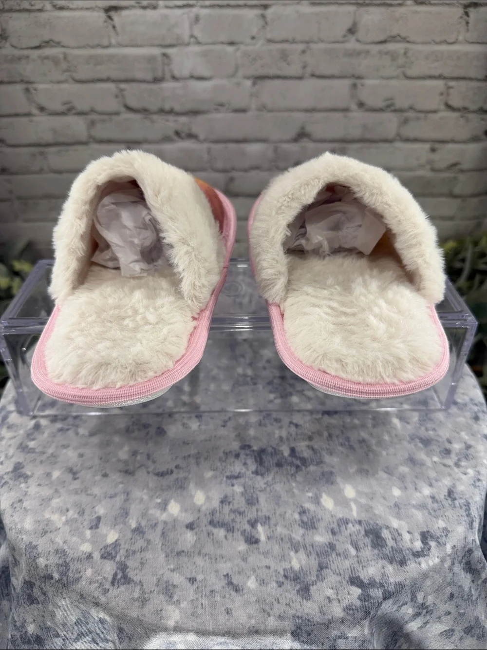 🩷 Pink Pastel Sparkle Rainbow Fabric White Faux Fur Slipper Slides Girls 11/12